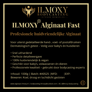 Productlabel van ILMOXY Alginaat Fast, een premium snelsluitend en huidvriendelijk bodycasting alginaat voor gedetailleerde hand-, voet- en pootafdrukken. Luxe zwart-goud ontwerp.